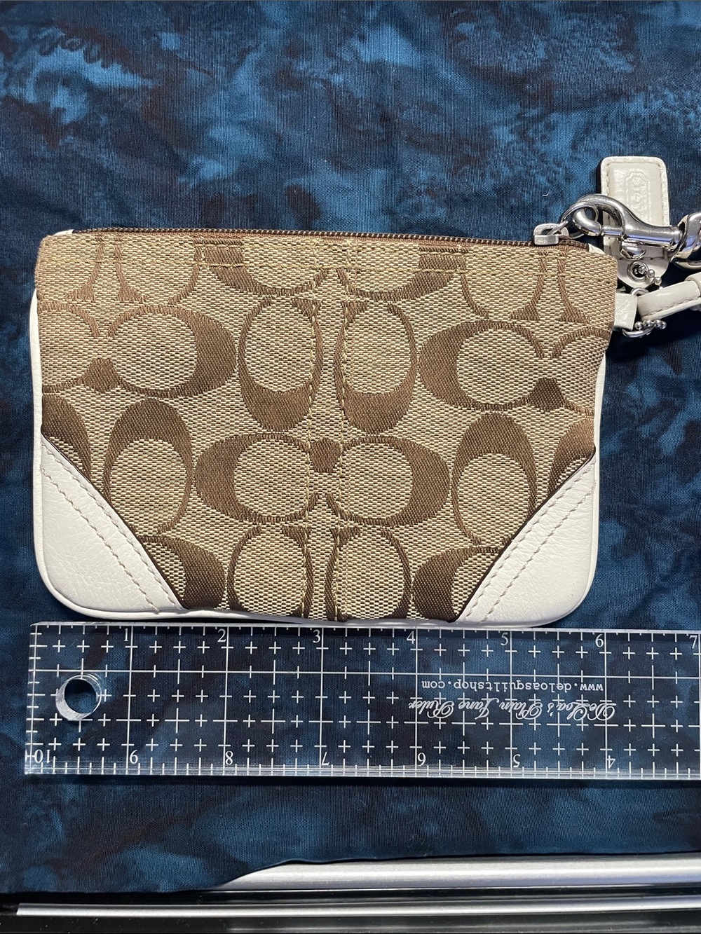Coach Khaki/Brown Signature Canvas Wristlet with White Leathet Trim